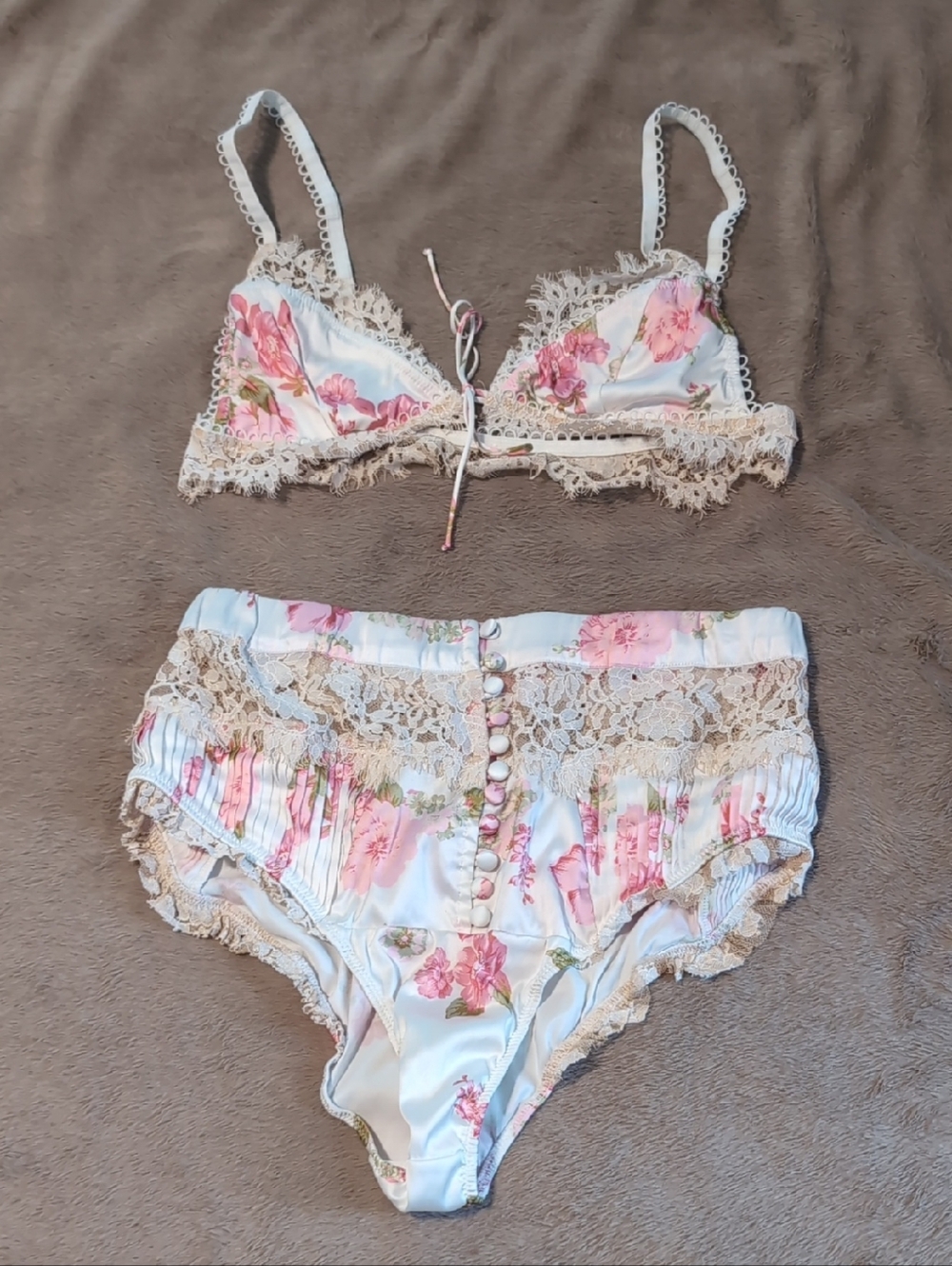 For Love & Lemons Pink Floral Satin Bralette with Cream Lace High-Waist Brief